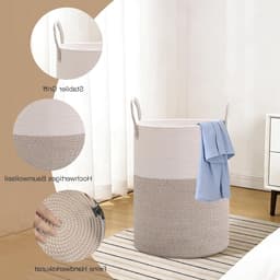 Gevlochten wasmand met handvat, ronde opbergmand voor dekens en speelgoed, 38 x 50 cm, ideaal voor woonkamer of wasruimte (wit-bruin) — thumbnail 3