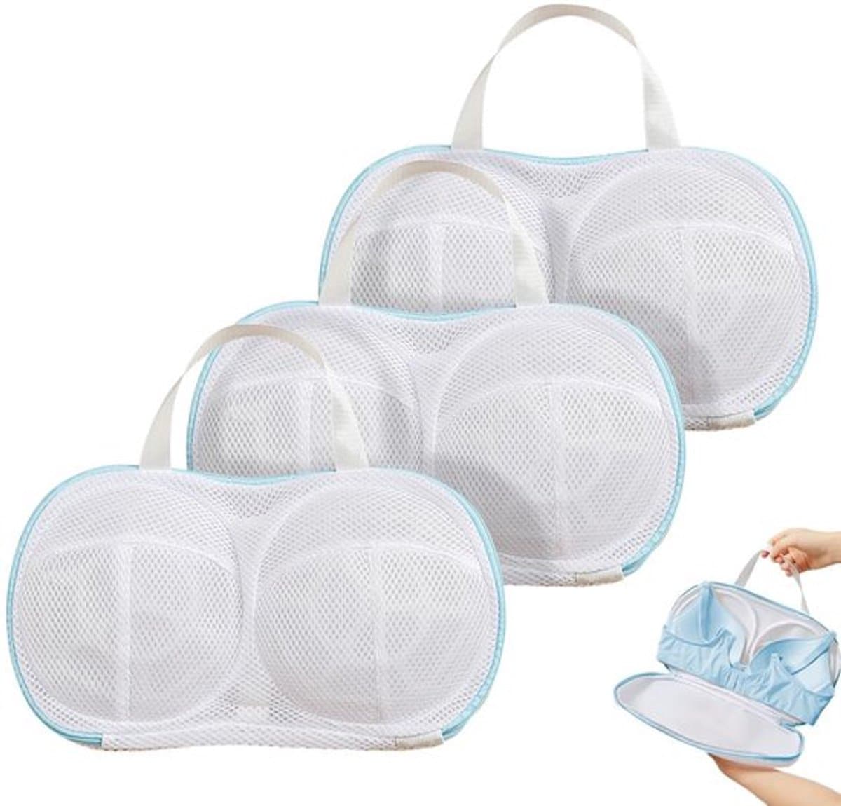 3 stuks - 20*34 cm - BH-waszakje - waszak - met kunststof steun - waszak van netstof - herbruikbare - ondergoed wasnet voor dames - BH-beschermer voor wasmachine - met rits - voor wasmachine - huishoudelijke artikelen - kledingbescherming - blauw — afbeelding 1