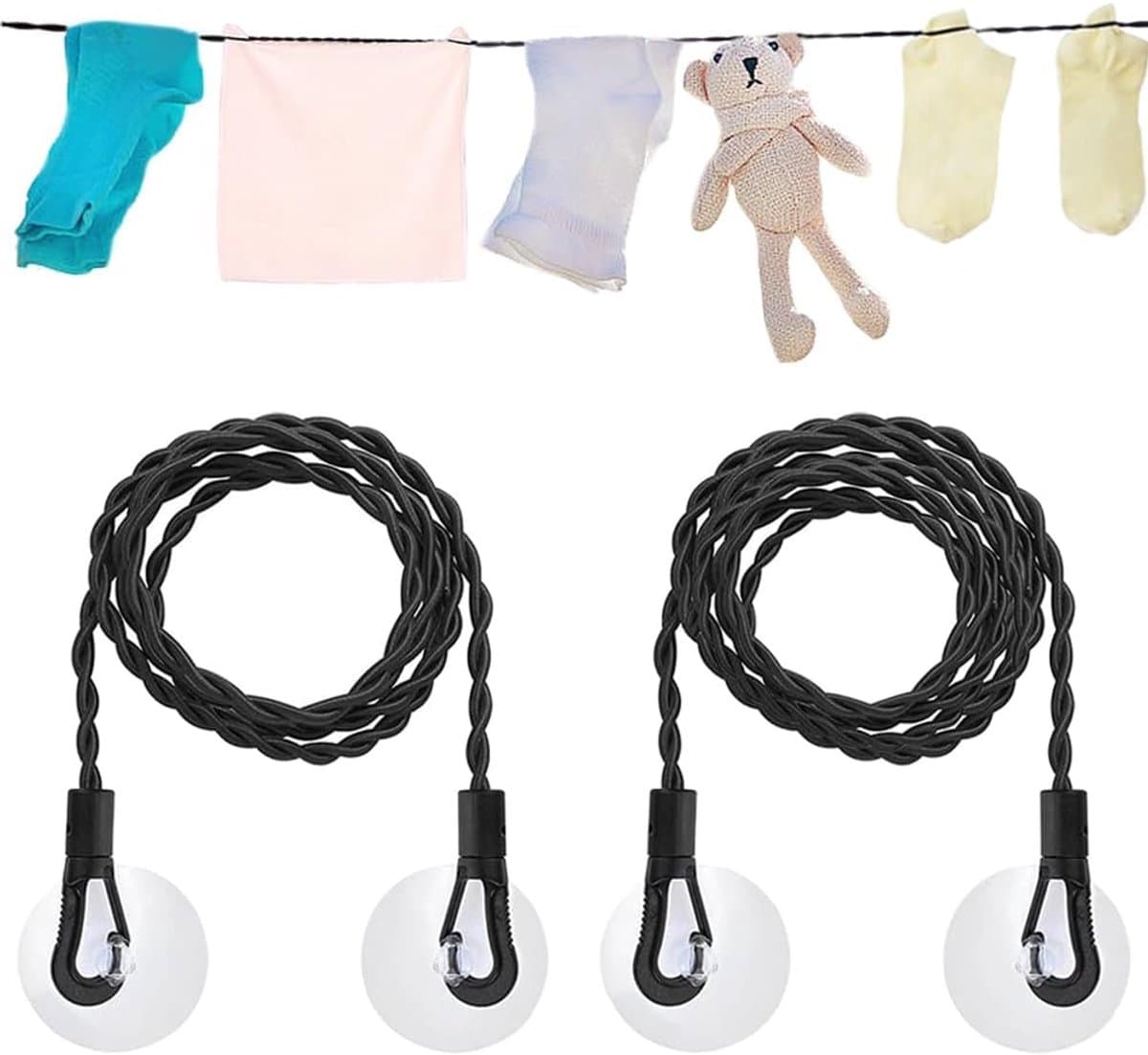 2 stuks reiskleding waslijn, uitschuifbare waslijn met haken en zuignap, draagbare elastische lijn, winddichte hanger voor buiten kamperen, wasdrogen — afbeelding 1