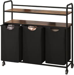 Wasmand – Voor Badkamer & Wasruimte – 3 Compartimenten (3×46L) met 2 Planken, Uitschuifbare Waszak – Zwart — thumbnail 1