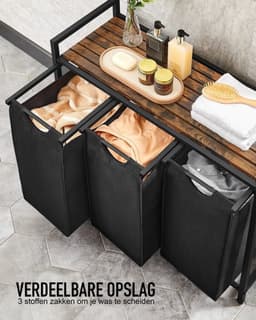 Bealive® Luxe Wasmand - 3 Compartments - Uitschuifbare Waszakken - Oxford Stof - 38 L per Compartiment - Kantel beschermer - Zwart - 92.5 x 33 x 72 cm — thumbnail 2