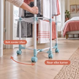 Cheqo® Droogtoren 30 Meter - Droogrek op Wieltjes - Wasrek Inklapbaar - Verrijdbaar Wasdroogrek met 3 Etages - Wastoren Staand met Haken voor Kledinghangers - Droogrek Toren - Wasrek voor Binnen met Zwenkwielen - Ruimtebesparend - Wit — thumbnail 4