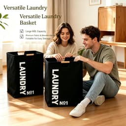 Wasmand, zwart, 50 x 40 x 30 cm, opvouwbaar en waterdicht, van Oxford-stof met houten handgrepen, grote capaciteit, elegante wasmand voor badkamer, slaapkamer en huis — thumbnail 4