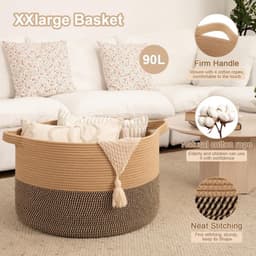 90L XXXL Dekenmand voor de Woonkamer – 55 X 35 CM Wasmand Van Gevlochten Katoentouw – Opbergmand met Handvat voor Speelgoed, Dekens en Wasgoed – Decoratieve Opbergmand (Zwartbruin en kaki) — thumbnail 4