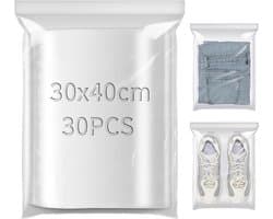 Hersluitbare Doorzichtige Plastic Zakken - Transparant - 30 x 40 cm - 30 Stuks - Voor Opslag van Kleding, Voedsel en Kantoorbenodigdheden