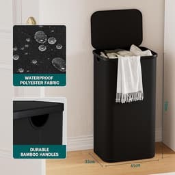 PolkaHome Opvouwbare Wasmand met Deksel 100L - Smal & Ruimtebesparend met Bamboe Handgrepen - Zwart — thumbnail 2