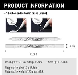 3 stuks witte permanente markeerstiften, witte dubbelzijdige markeerstiften, wit voor stoffen, geschikt voor T-shirts, hoeden, linnen schoenen en linnen tassen — thumbnail 2