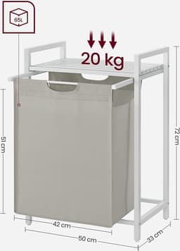 Wasmand, wasemmer met plank, waskast, oxford stof wasstas uitbreidbaar, verwijderbaar, metalen frame, 65 l, 50 x 33 x 72 cm, wit — thumbnail 2