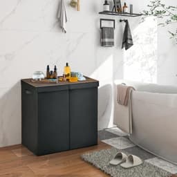 Wasmand met 2 sorteervakken en deksel, 115 liter capaciteit, zwarte vuile wasbak voor badkamer en wasruimte, ademende antibacteriële stof — thumbnail 5