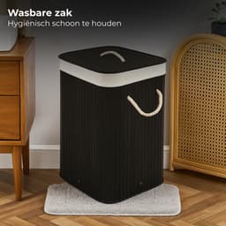 Lomera Bamboe Wasmand - Wasmand Met Deksel - Opvouwbare Wasmand - 72 Liter Capaciteit - Zwart Bamboe - Draaghengsels - Uitneembare Zak - Wasbare Binnenzak - Verstevigde Metalen Ring — thumbnail 3