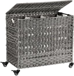 Luxe Handgeweven Wasmand met 3 Compartimenten – Grijs – Poly Rotan Wasmand met Deksel, Afneembare Waszakken & Metalen Frame – Grote Opvouwbare Wasmand 66x35x60,5 cm – Ideaal voor Slaapkamer, Badkamer & Wasruimte — thumbnail 2