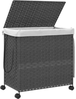Grote Wasmand op Wielen 60x35x60.5cm - Waszak met 3 Compartimenten, Wicker Wasmand — thumbnail 4