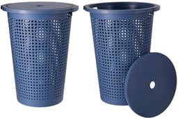 Storage Solutions Wasmand met deksel - 2x - blauw - 35 liter - 40 x 52 cm - kunststof - rond - wasbox - mand voor wasgoed — thumbnail 1
