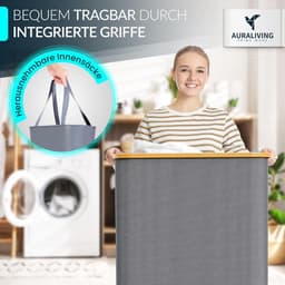 Wasmand 3 vakken – 160 l wassorteerder & wasverzamelaar met deksel – bamboeframe en stabiele metalen ringen – opvouwbaar, smal & met 3 uitneembare, wasbare zakken – grijs — thumbnail 3