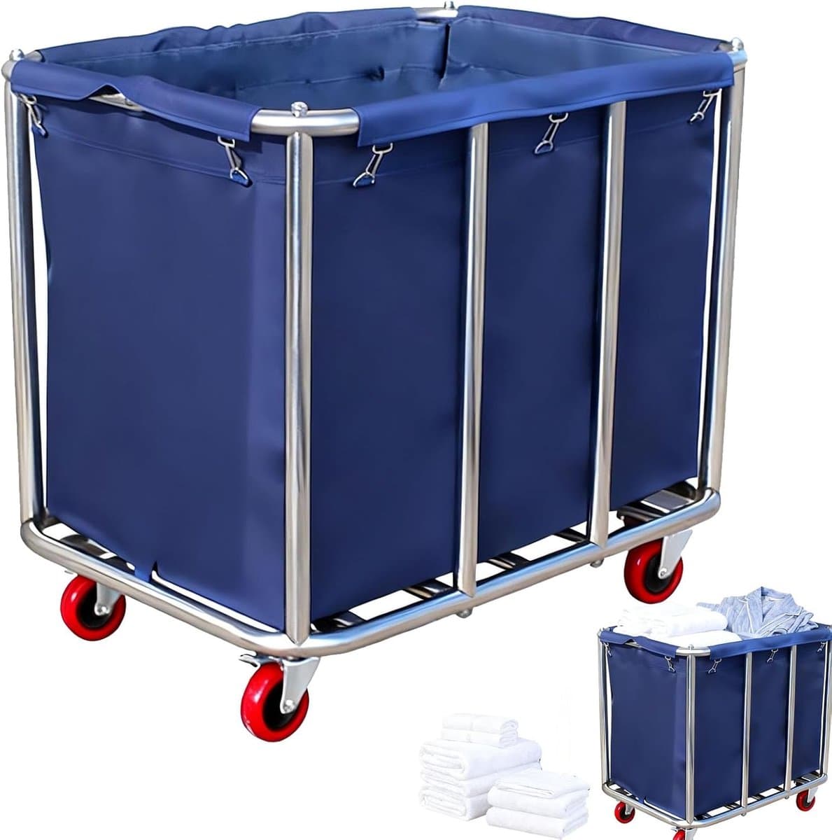 roestvrijstalen wasmand met wielen, waterdicht, roestvrij, afneembaar, grote wasmanden voor thuis, hotel, bijkeuken, 90 x 65 x 81 cm — afbeelding 1