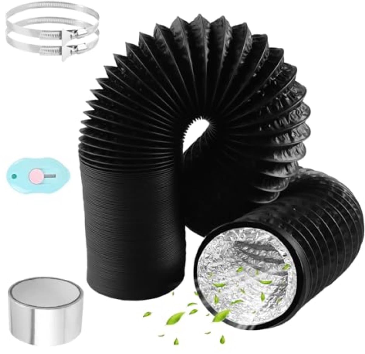 PromoHome Afvoerslang 125mm diameter 6m PVC Flexibele Aluminium Pijpslang met 2 RVS Slangklemmen en Aluminiumfolie Tape voor Airconditioners Wasdroger Afzuigkap - Zwart — afbeelding 1