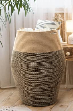 Gevlochten Wasmand 65cm Hoog - Grote Opbergmand van Katoen & Jute - Opvouwbaar - Zwart/Jute — thumbnail 1