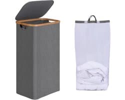 efluky Wasmand met deksel, 75 liter, smalle wasmand met wasbare binnenzak, grijze wasmand met bamboehandgrepen, opvouwbare wasmanden voor bijkeuken, slaapkamer, badkamer