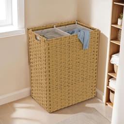 Wasmand Dubbel - Kledingmand Sorteren - Kleding Opbergen - Rotanlook Met Plank - 45x30x60 cm - Beige — thumbnail 2