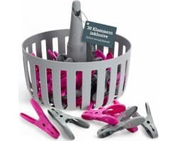 Wasknijpermand met 30 stevige klemmen, robuuste mand met haken, praktische opbergmand voor wasknijpers, uv-bestendig en weerbestendig, ruimtebesparend