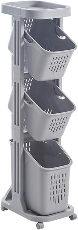 Opbergwagen op wielen - Wasmand met lagen - Ruimte organiseren - 360° vergrendelbare wielen - 108.5cm hoog - Grijs — thumbnail 1
