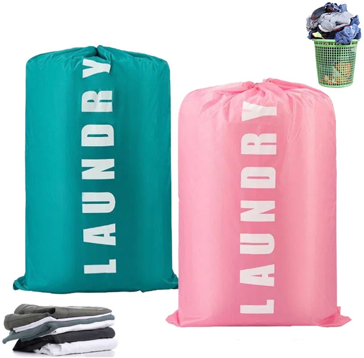 Wasmachinezak, set van 2 reiswaaszakken, geschikt voor vuile kleren, grote waszak voor kamperen en reizen, vuile kleren reistas, 61 cm x 92 cm (blauw roze) — afbeelding 1