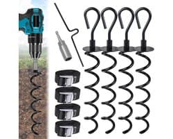 10 pieces ground anchor set, 4 trampoline ground anchors + 4 adjustable straps with buckles + drill adapter + twist - ShopVlot
