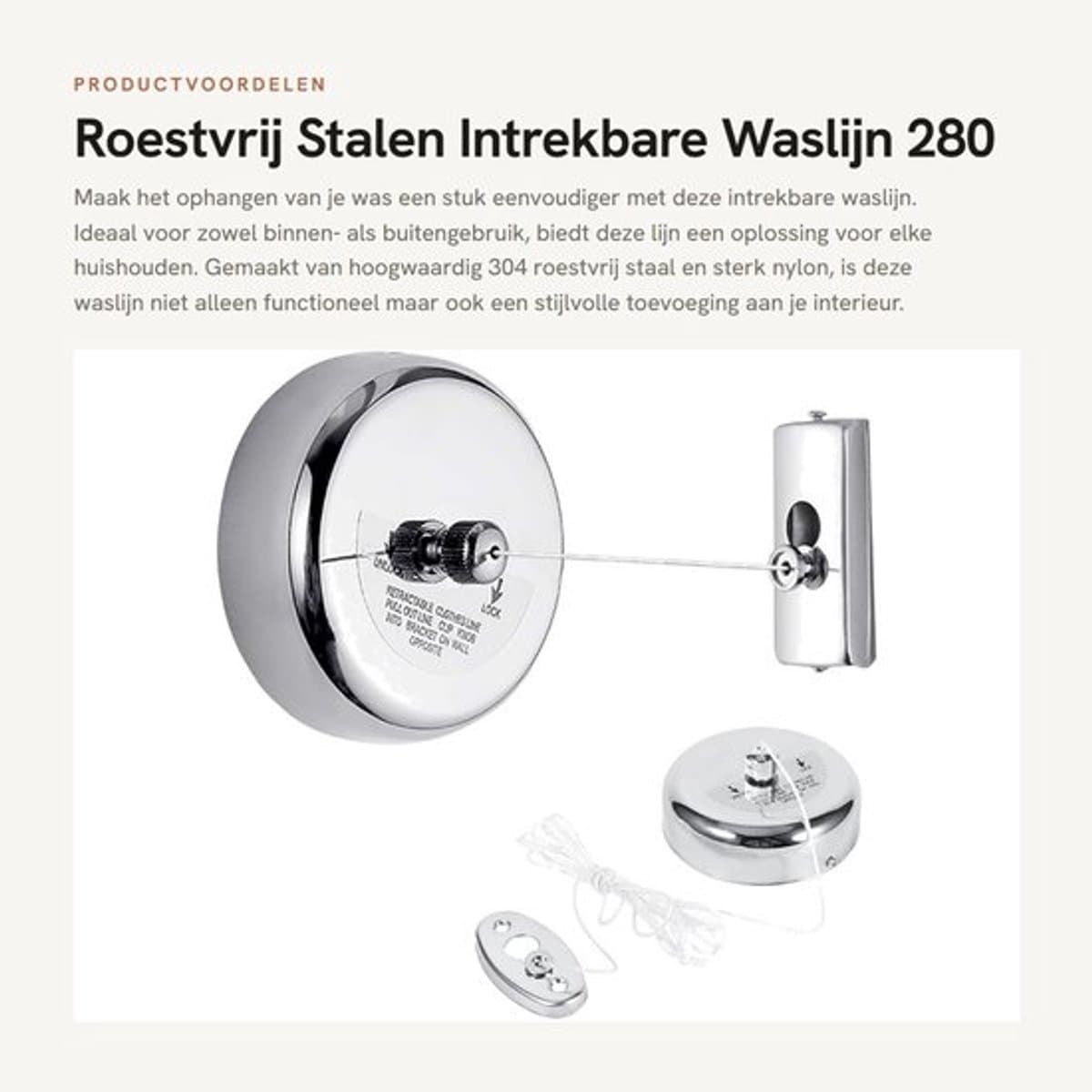 Waslijn Intrekbaar 2,8M - Roestvrij Staal - Nylon - Binnen/Buiten - Hoge Belastbaarheid 10 kg - Eenvoudig te Installeren - Kledinglijn — afbeelding 1