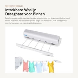 Waslijn Uittrekbaar 3,75 m - Wanddroogrek - Draagbare Waslijn - Ruimtebesparend - Multifunctioneel Ontwerp - Eenvoudige Installatie - Drooglijn — thumbnail 1