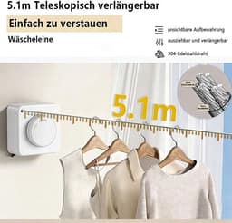 5,1 m uittrekbare waslijn, roestvrij staal, wandmontage, wit | Zware belastbaarheid, niet doorhangen, voor balkon, badkamer, hotel en wasruimte — thumbnail 3