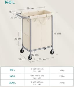 Grote Wasmand op Wielen met 2 Vakken en Verwijderbare Tas - 140 Liter Capaciteit — thumbnail 5