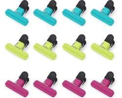 12 stuks kleine sluitklemmen, kunststof voedselklemmen, zakclips, voedselzakclips, vershouden chipclips, zakclips voor geopende snackzakken, koffie en midden van het leven (7,7 x 6,5 cm)