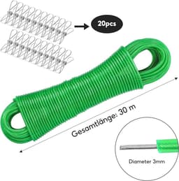 Waslijn met Kern van Staal 30 Meter Groen Inclusief 20 Klemmen - Voor Buiten, Tuin en Camping — thumbnail 5