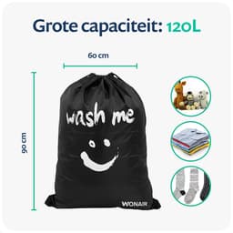 Wonair - Waszak - Waszakken - Waszak groot - Waszakken voor wasgoed - Opbergtas - 60x90cm - 2 Stuks - Zwart - Laundry bag met trekkoord — thumbnail 5