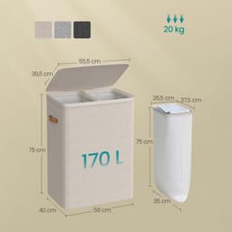 Waskorf, vuilewasmand, wasverzamelaar met deksel, handvat en 2 afneembare zakken. Inhoud tot 170 liter. Modern en minimalistisch stijlvol ontwerp. 56 x 40 x 75 cm, bruin. — thumbnail 2