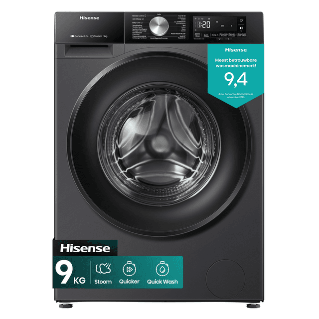 Hisense WF3S9043BB3 vrijstaande wasmachine - 9 kg capaciteit - 1400 tpm centrifugeersnelheid - energiezuinig - zwart