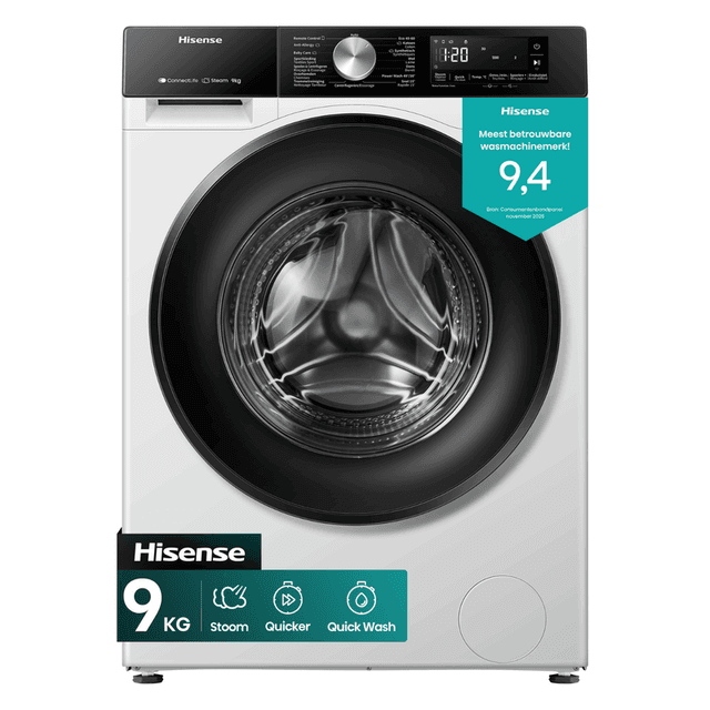 Hisense WF3S9043BW3 Vrijstaande wasmachine - 9 kg capaciteit - 1400 tpm centrifugeersnelheid - Energiezuinig - Wit