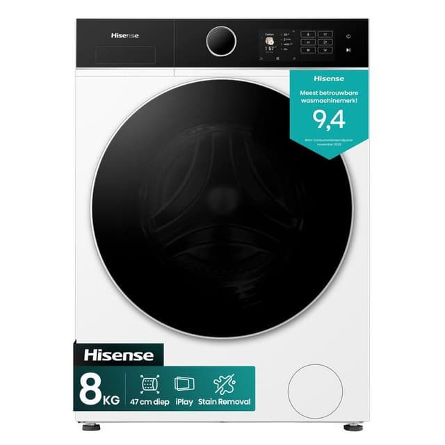 Hisense WF5I8043BWF vrijstaande wasmachine - 8 kg capaciteit - 1400 tpm centrifugeersnelheid - invertermotor - wit