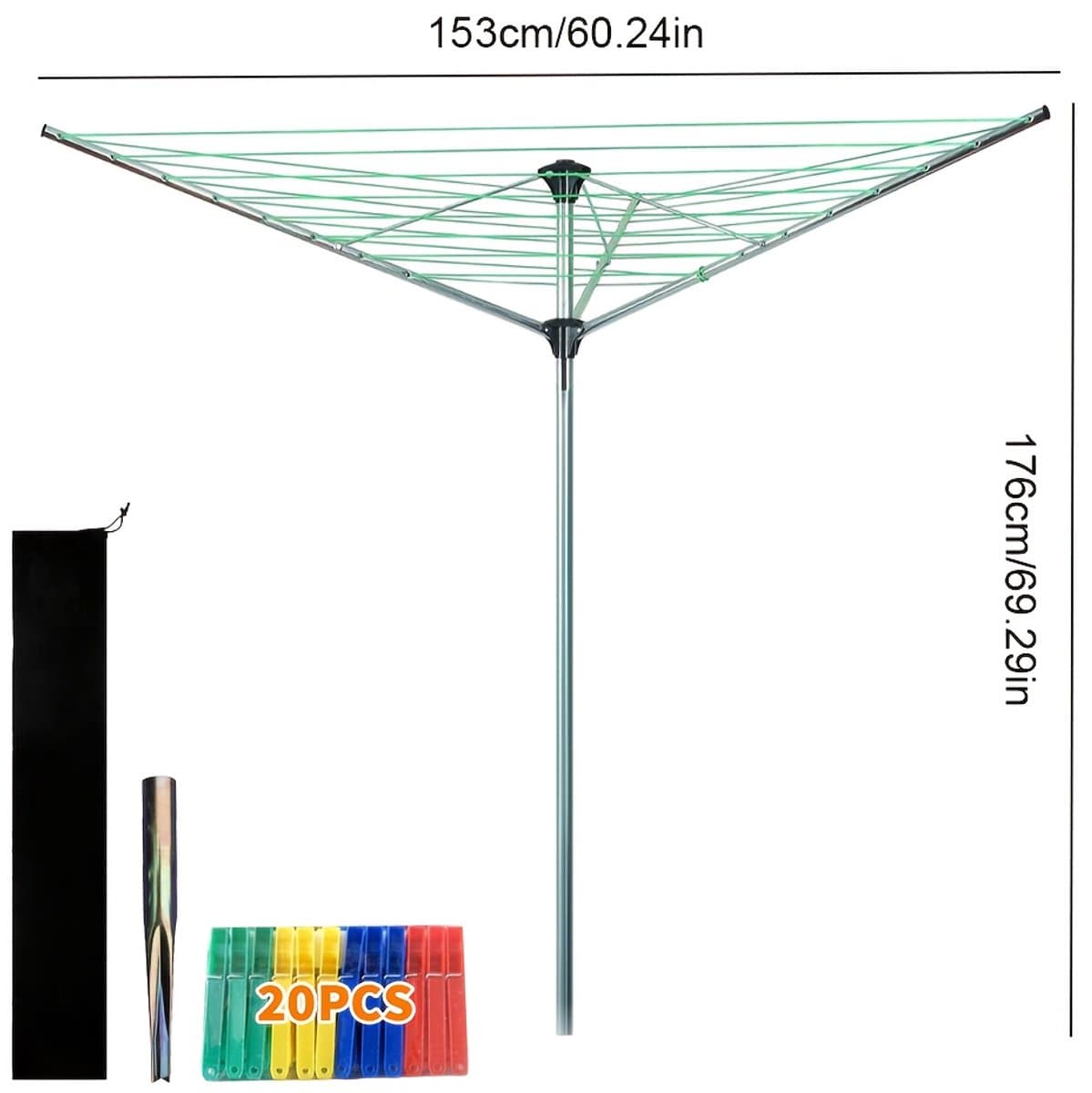 Wasrek-Droogmolen-Metalen Buitentuinscherm Drogeregel-Lichtgewicht, Inclusief Tas-Zilver+Groen. — afbeelding 1