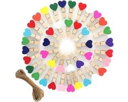Houten Wasknijpers - Mini Fotoklemmen - Foto's Ophangen - Hartvormig Design - 80 Stuks - Veelkleurig