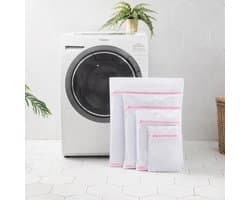4 Waszakken voor de wasmachine: Vier waszakken in verschillende maten, geschikt voor diverse kledingstukken, waaronder jassen, broeken, overhemden, delicate onderkleding, ondergoed en sokken,roze