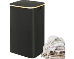 Wasmand Opbergen - Kledingmand Deksel - Huishoudelijk Gebruik - Opvouwbaar Met Zak - 73x40.5x33.5 cm - Zwart