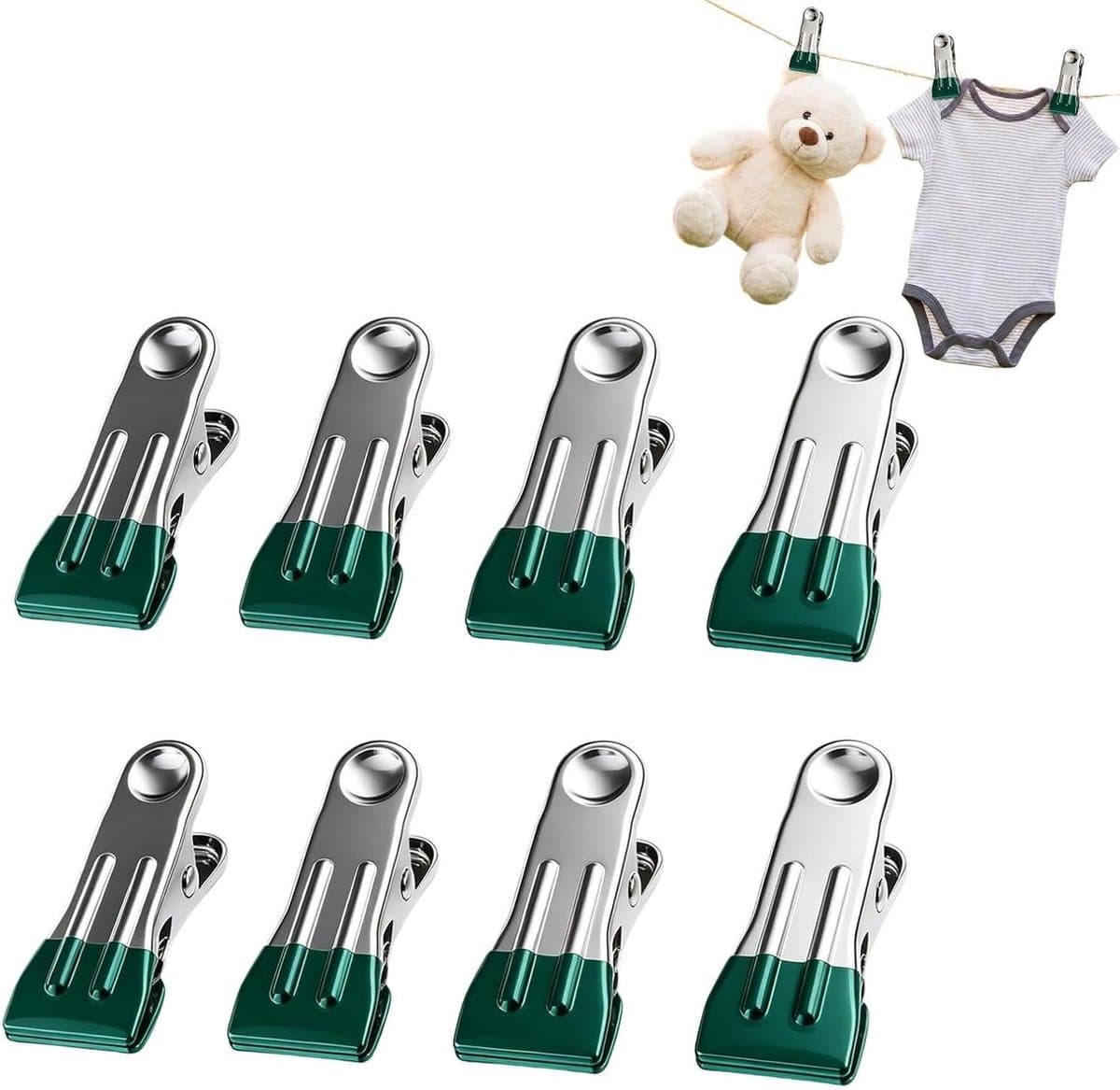 Metalen Wasknijpers - Kledingclips Hanger - Was Ophangen - Roestvrij Staal - 8 Stuks - Groen — afbeelding 1
