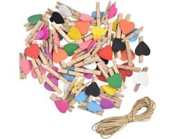 50 Stuks Mini Houten Clips met 10M Jute Touw voor Fotomuur Decoratie