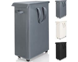 wasmand met deksel en wielen 55L - Opvouwbare dunne wasmachine oxford doek opbergmand met lange handgreep, geschikt voor slaapkamer, badkamer, wasruimte (Grijs)