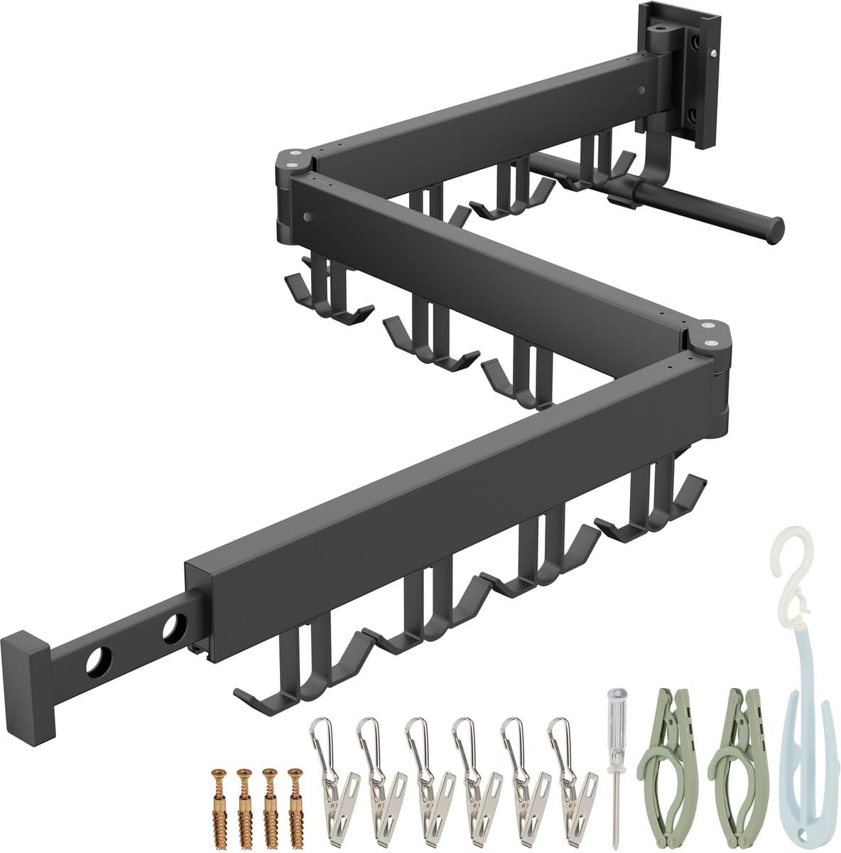 wanddroogrek inklapbaar - draaibaar - met accessoires - zwart — afbeelding 1