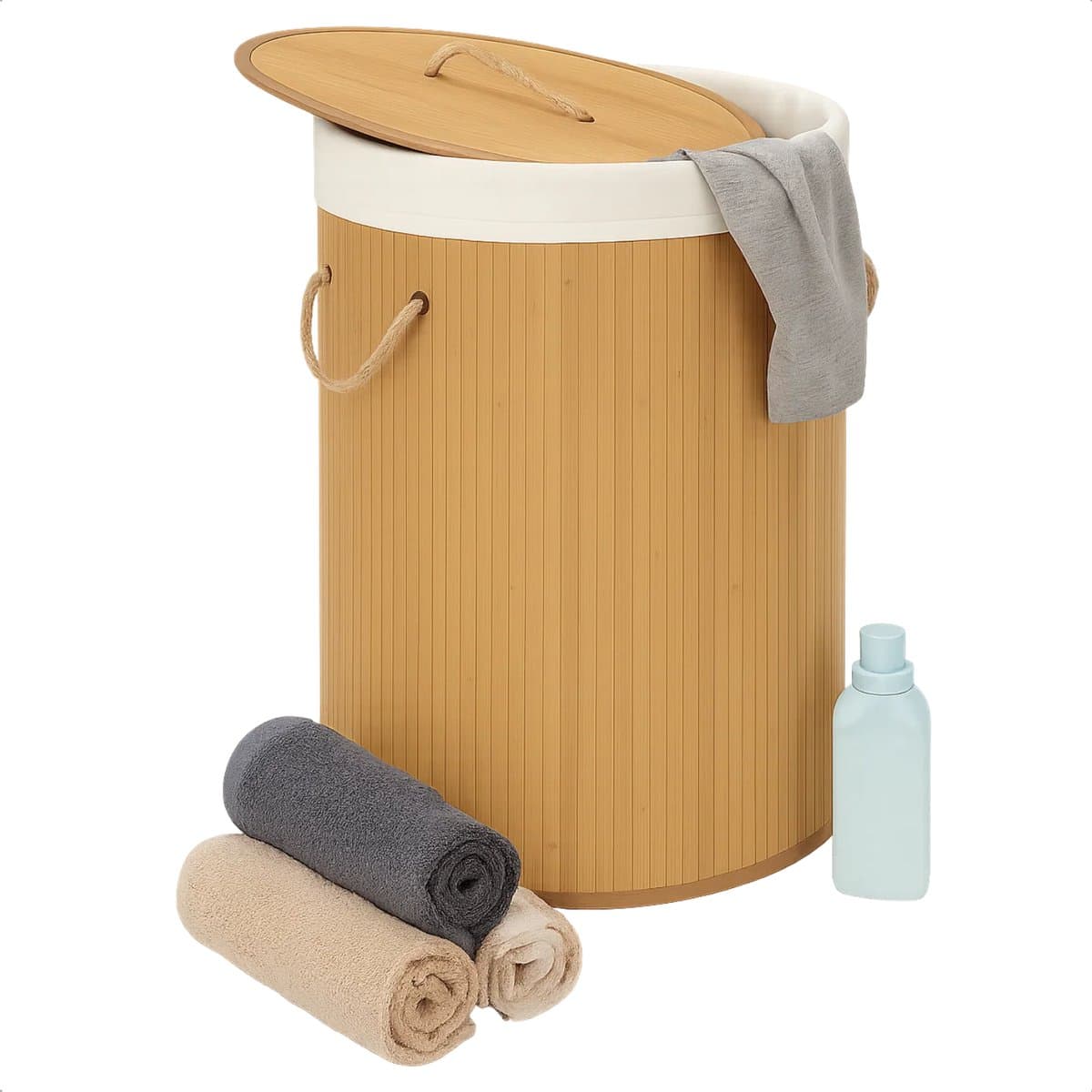 Lomera Bamboe Wasmand - Wasmand Met Deksel - 48 Liter Capaciteit - Ronde Wasmand - Natuurlijke Kleur - Afneembaar Deksel - Draaghengsels - Katoenen Waszak - Wasbare Zak - Metalen Ring Versteviging — afbeelding 1