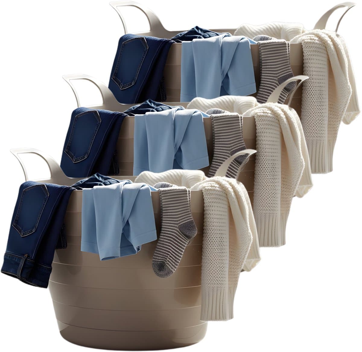 Excellent Houseware Flexibele wasmand - 3x - beige - 30 liter - kunststof - 54 x 37 cm - met handvatten — afbeelding 1