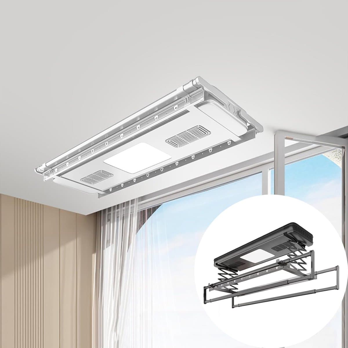 Plafond Droogrek - Elektrisch Ophangsysteem - Kleding Drogen - Afstandsbediening Lift - 119cm Breed — afbeelding 1