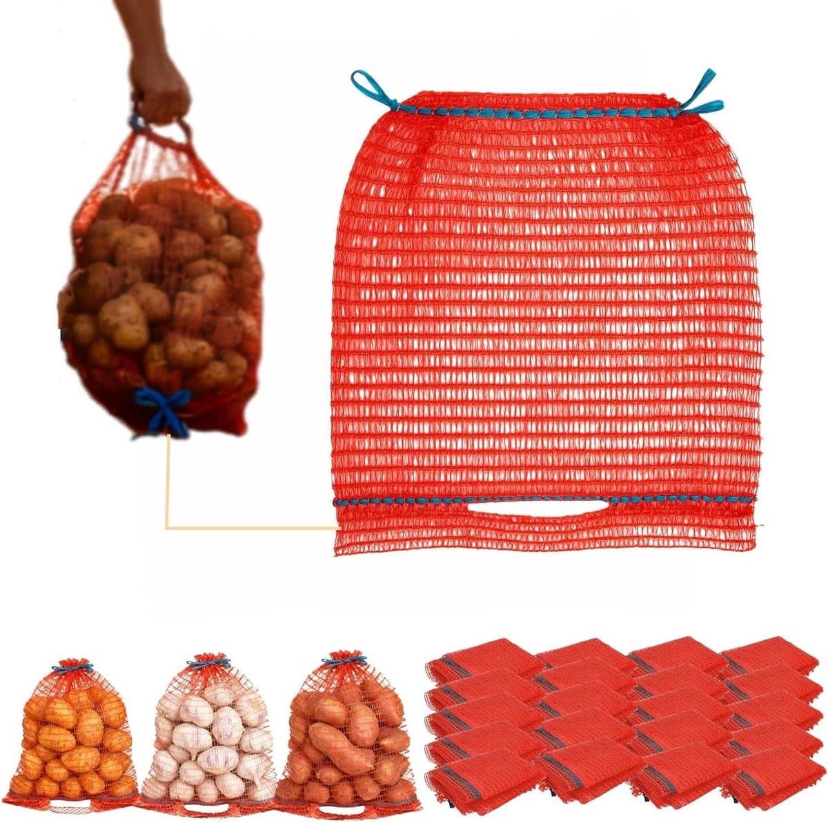 Raschelzakken Aardappelen - Netzakken Groenten - Opslag Fruit - Met Trekkoord - 30x50 cm - Rood — afbeelding 1